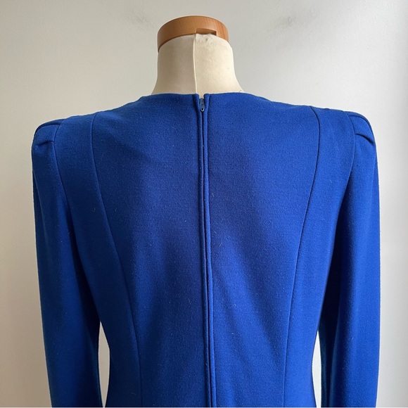 Vintage 80s David Warren Blue Knit Dress Midi Wool Gold Buttons Money ILGWU 10 P - Picture 7 of 10